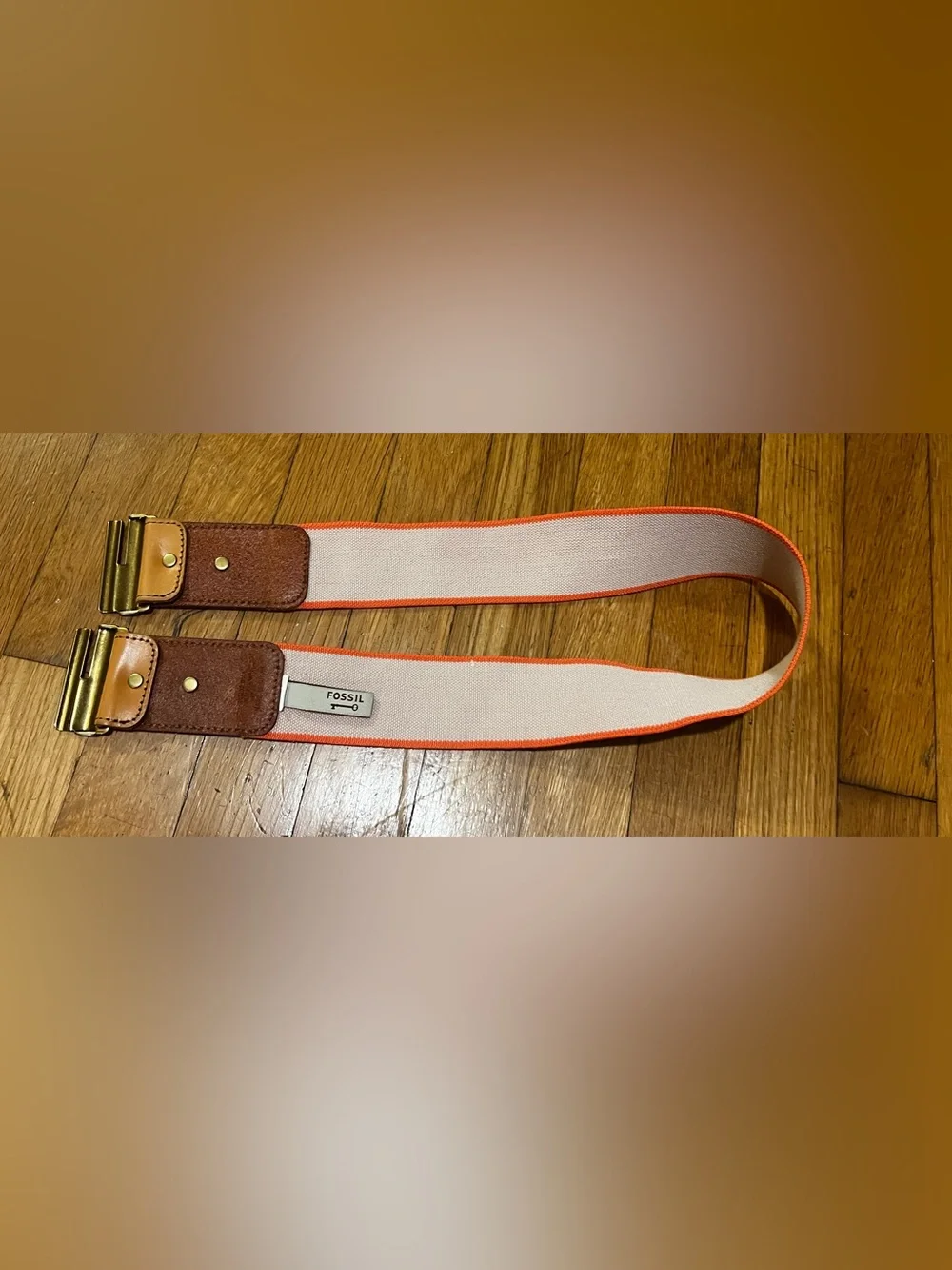 Fossil Beige Elastic Belt with Tan Leather and Gold-Tone Buckle